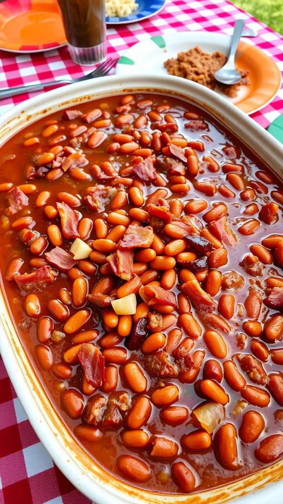 A large dish of baked beans with bacon and onions, served at a gathering.